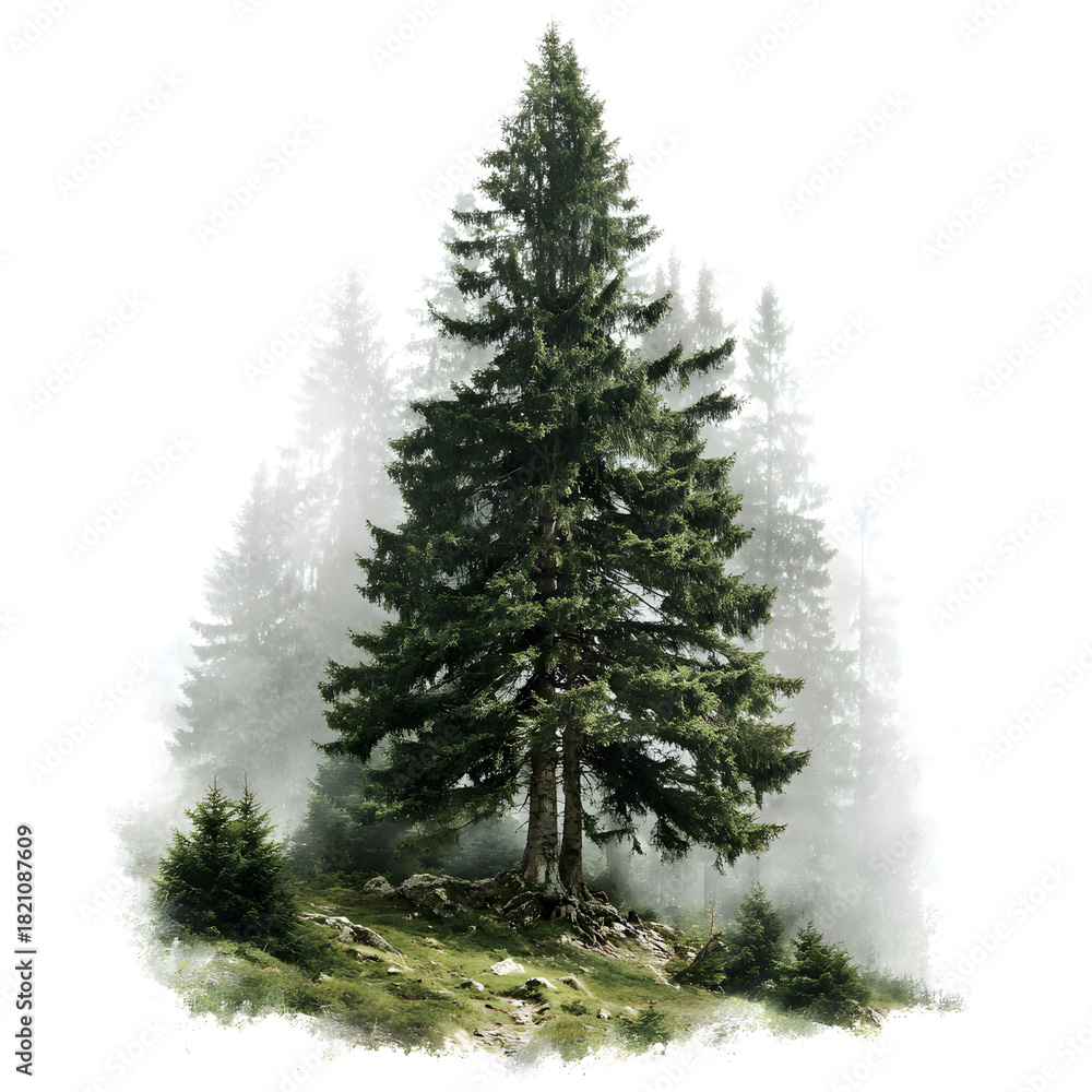 Obraz premium A foggy pine tree view