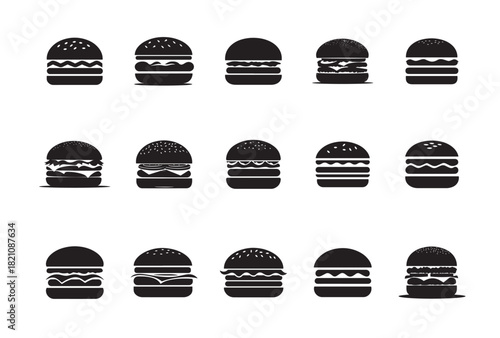 Collection of minimalist burger icons in black and white vector design