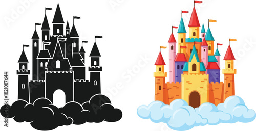 Colorful fairytale castle and its monochrome silhouette resting on fluffy clouds