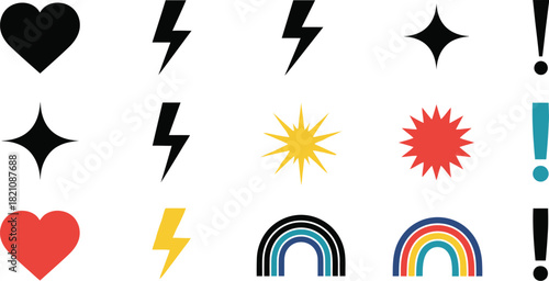 A collection of graphic symbols including hearts lightning stars rainbows and exclamation marks