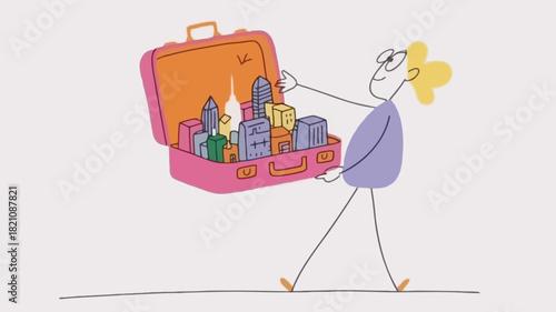 Whimsical cartoon character with a vintage suitcase ready for travel or adventure depicted in a vibrant and colorful graphic design