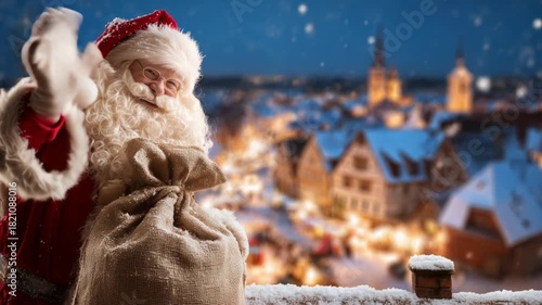 Santa Claus waves cheerfully with a festive sack, snowy village backdrop, camera zooms in