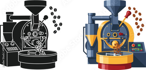 Detailed illustration of coffee roasters showcasing both color and monochrome versions