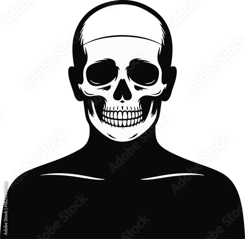 Black and white graphic of a human skull and upper body, symbolizing mortality, anatomy, and danger, minimalist style