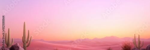 Serene desert sunset landscape with cacti and mountains