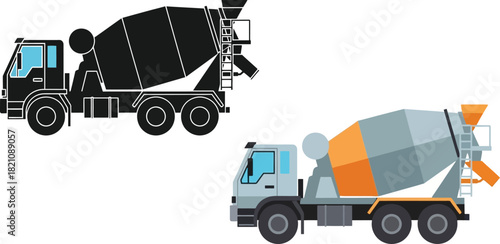 Concrete mixer truck illustrations outlined and colored versions side by side