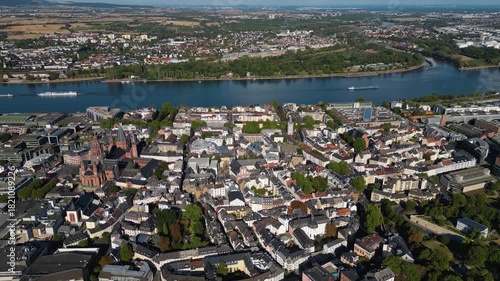 Aerial panoramic view around the old town of the city Mainz in Germany on a sunny spring noon