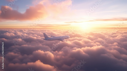 Airplane flying above clouds during majestic sunset
