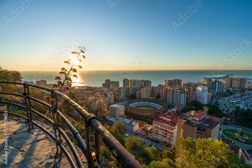 Sunrise view of Plaza de Toros and Port of Malaga.  Andalusia, Spain