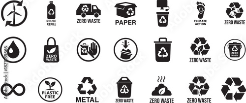   Zero waste web icons set in bold clean vector style, ideal for recycling, eco living, sustainability, and green design