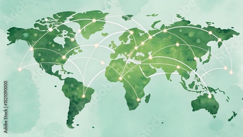 A stylized green watercolor world map with connecting lines and glowing