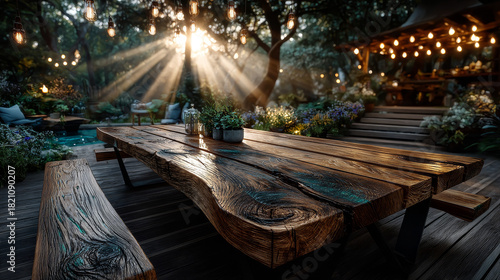 Empty rustic wooden table with golden rays of sunlight in a sunburst pattern over a blurred green country garden and bokeh suitable for product placement depicting a healthy lifestyle