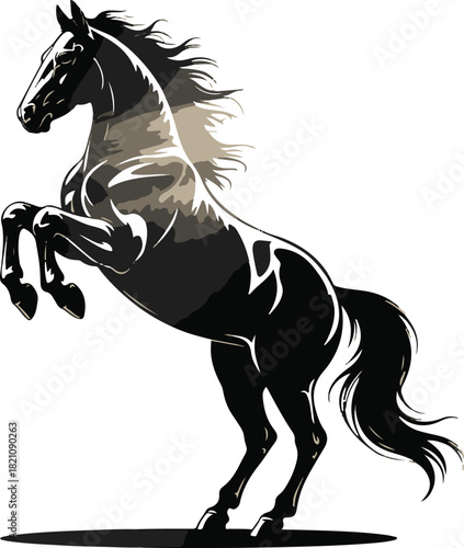 Majestic black horse rearing up on its hind legs, showcasing power and grace