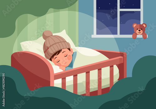 Child with wool cap sleeping peacefully in cozy bed at night