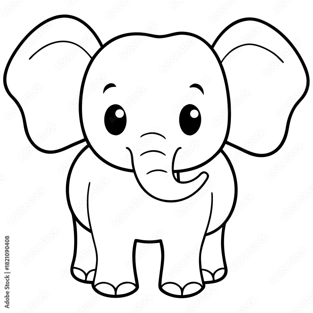Fototapeta premium Cute Baby Elephant Line Art Illustration with Big Eyes - Black and White Vector Sketch for Coloring Book or Nursery Decor 