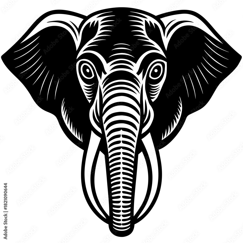 Obraz premium Majestic Golden Elephant Head Illustration in Woodcut Style - Detailed Vintage Engraving Vector with Raised Trunk 