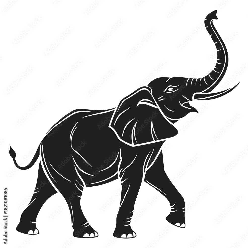 Obraz premium Elephant Stencil Silhouette Vector with Raised Trunk - Bold Black Cut-Out Design for Vinyl Cutting and Screen Printing 