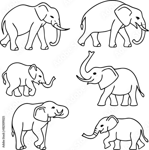 Minimalist Elephant Outline Icon Set - Collection of 6 Thin Line Vector Symbols for UI, Logo, and Web Design
