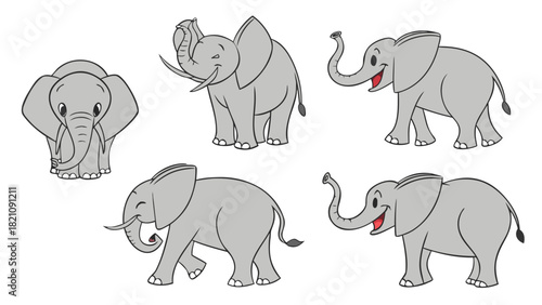 Cartoon Elephant Character Set in Various Poses - Vector Illustration of Wild Animal Front, Side, and Rear View Isolated
