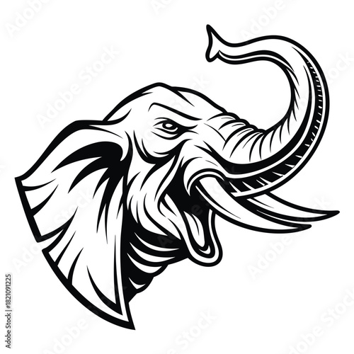 Angry Roaring Elephant Head Mascot Vector - Aggressive Animal Sports Logo Illustration in Black and White
