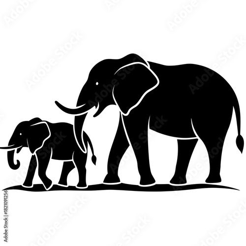 Elephant Family Silhouette Walking Together - Mother Father and Baby Vector Black Shapes for Logo and T-shirt
