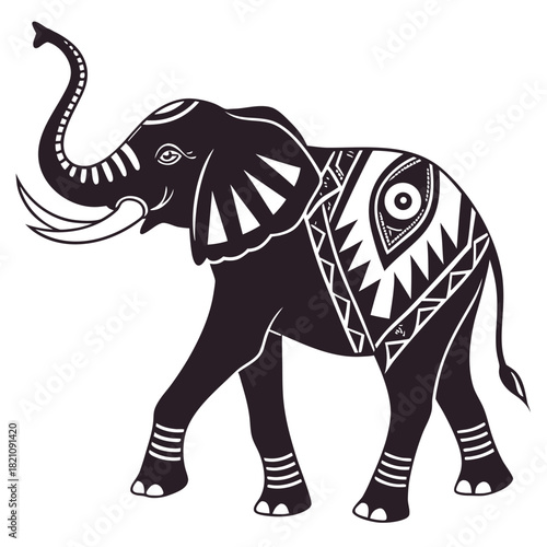 Stylized Tribal Elephant Silhouette with Raised Trunk - Decorative Black and White Vector Illustration with Ethnic Patterns
