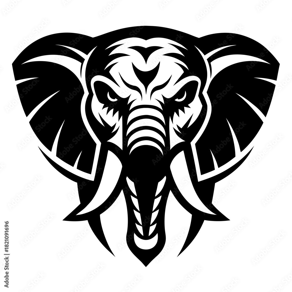 Obraz premium Aggressive Tribal Elephant Head Vector with Roaring Expression - Symmetrical Black Tattoo Illustration for Mascot Logo 
