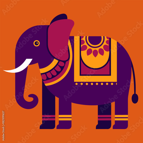 Stylized Indian Elephant Illustration in Purple and Orange - Decorative Flat Vector Animal with Ceremonial Saddle
