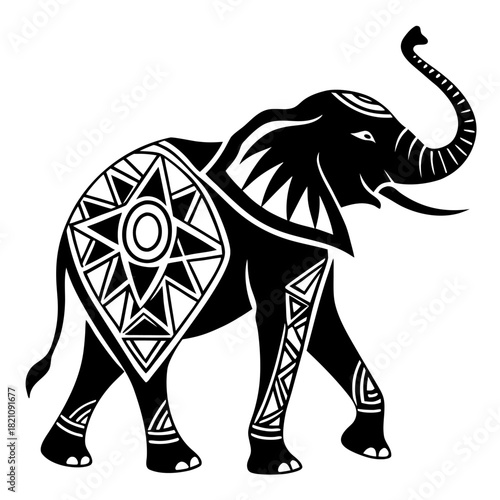 Tribal Elephant Stencil Silhouette Vector - Black Geometric Cut-Out Pattern Design for Tattoo, Vinyl, and Craft
