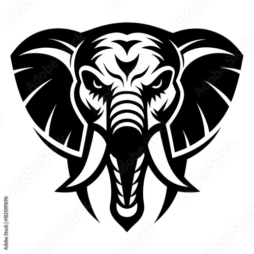 Aggressive Tribal Elephant Head Vector with Roaring Expression - Symmetrical Black Tattoo Illustration for Mascot Logo
