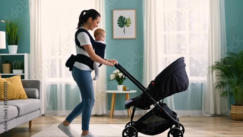 Young Hispanic Female with Baby in Stroller at Home