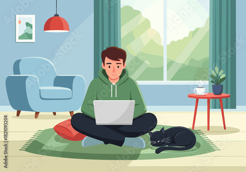 Cat lying next to keyboard during work at home with relaxed man