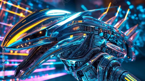 Dynamic visual of a futuristic mechanical creature digital entity with glowing circuit details