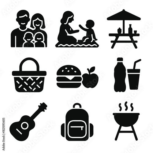 Family picnic icons: parents, children, food, and leisure symbols