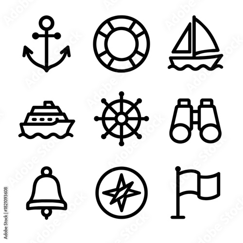 Nautical icons set: anchor, lifebuoy, boat, ship, wheel, binoculars, bell, compass, flag