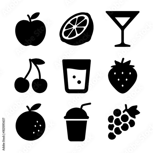 Fruit and drink icon set: apple, orange, cocktail, cherry, juice, strawberry, smoothie, grapes