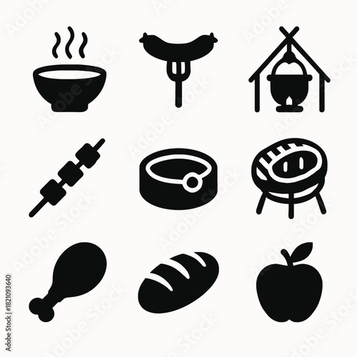 Set of food icons: soup, sausage, kebab, meat, grill, chicken, bread, apple