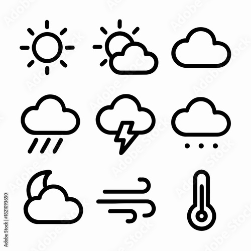 Weather icon set featuring sun, clouds, rain, lightning, wind, snow, and thermometer