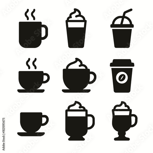 Set of coffee and beverage icons in black silhouette style