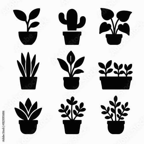 Silhouette of various indoor plant icons in pots