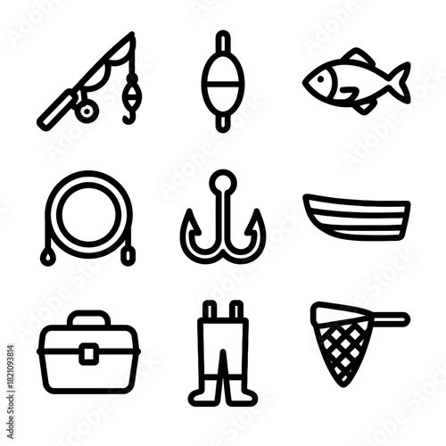 Fishing gear icons: rod, float, fish, hook, boat, tackle box, net