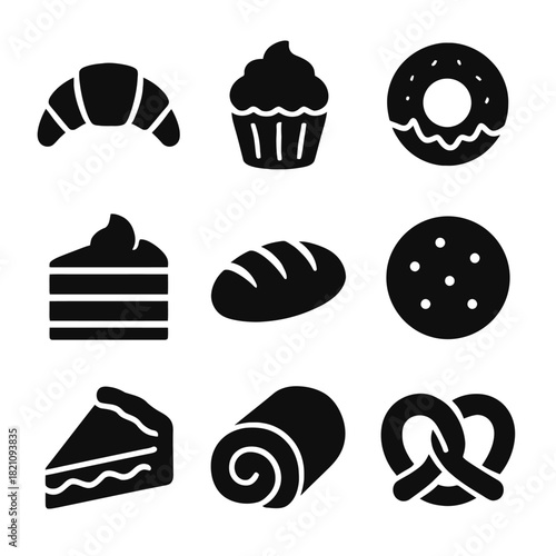 Collection of bakery icons: croissant, cupcake, donut, cake slice, bread, cookie, pie, swiss roll, pretzel