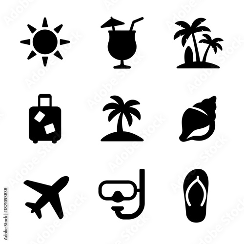 Black icon set for summer travel: sun, drink, palm, luggage, shell, plane, snorkel, flip-flop