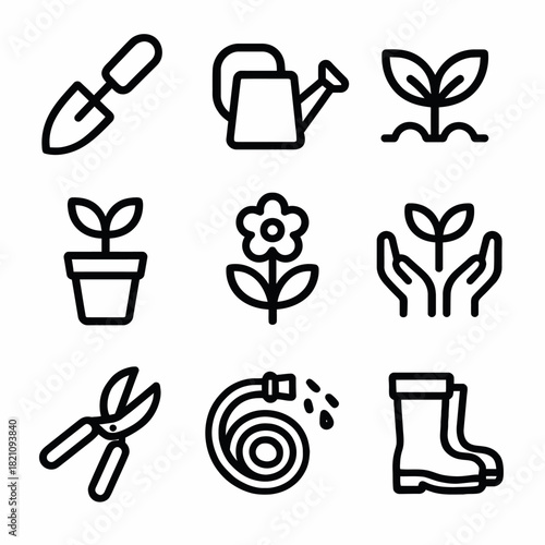 Garden tools and plant icons: trowel, watering can, seedling, pruning shears, hose, boots