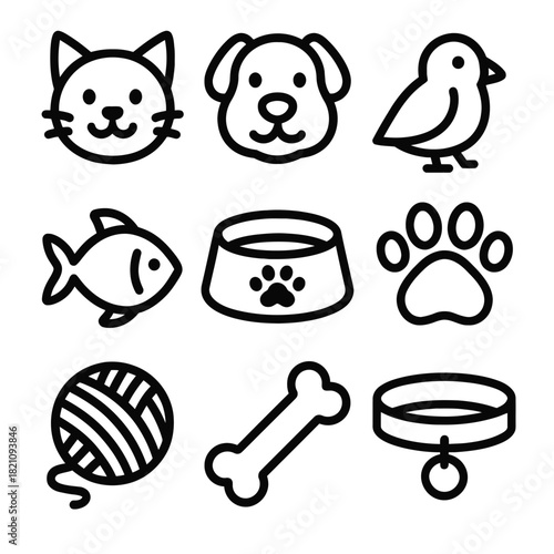 Outline icons of pets and accessories: dog, cat, bird, fish, bowl, paw, yarn, bone, collar