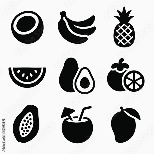 Assorted black silhouette icons of tropical fruits in grid layout