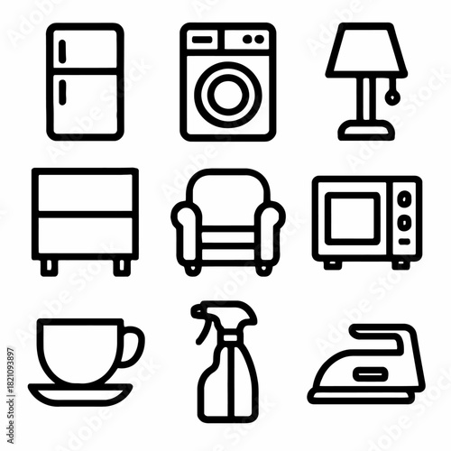 Set of home appliance and furniture icons including fridge, washer, and lamp