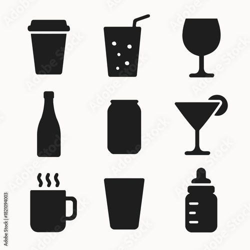 Black silhouette icons of various drink containers in grid layout