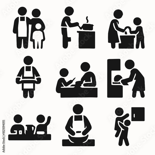 Stick figures engaging in family and kitchen activities illustration