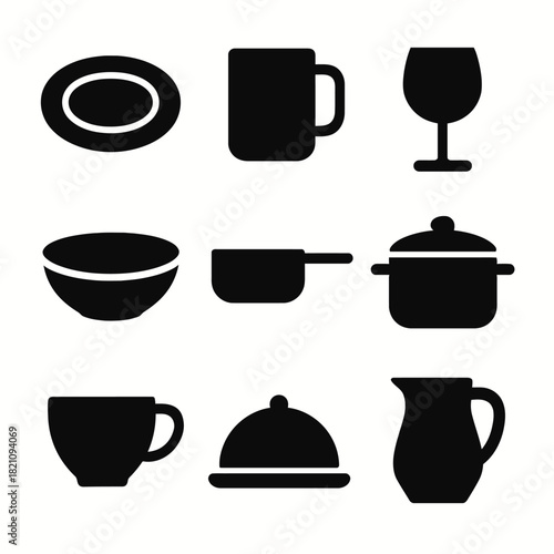 Set of nine black kitchenware silhouettes including cups, plates, and cookware